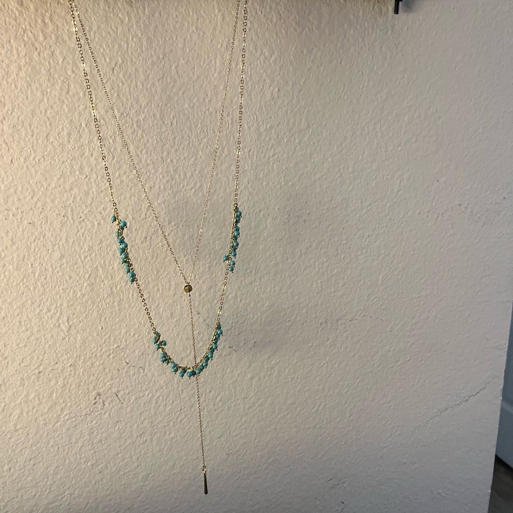 Turquoise stone and gold plated lariat necklace